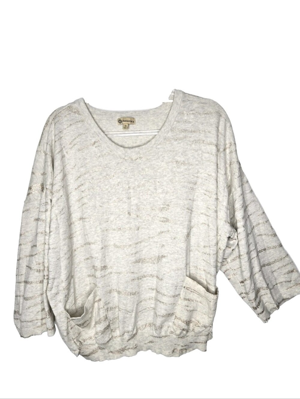 Democracy Slouchy Gold Striped Tiger Knit Top Size XL Cream Pockets Cotton